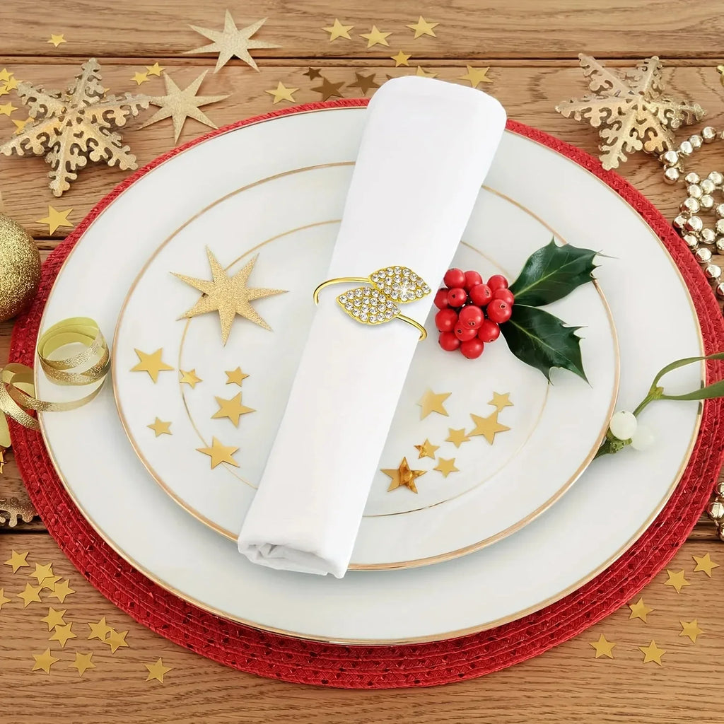 Anelli per tovaglioli con foglie, eleganti decorazioni da tavola in foglia d'oro.