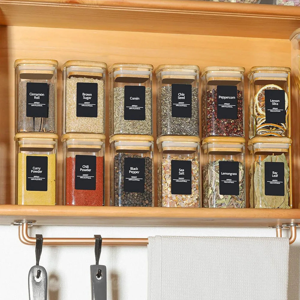 Glass Spice Jars with Bamboo Lid, 8 oz Airtight Square Containers.