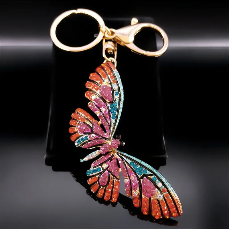 Portachiavi con ciondolo a farfalla in strass colorati color oro