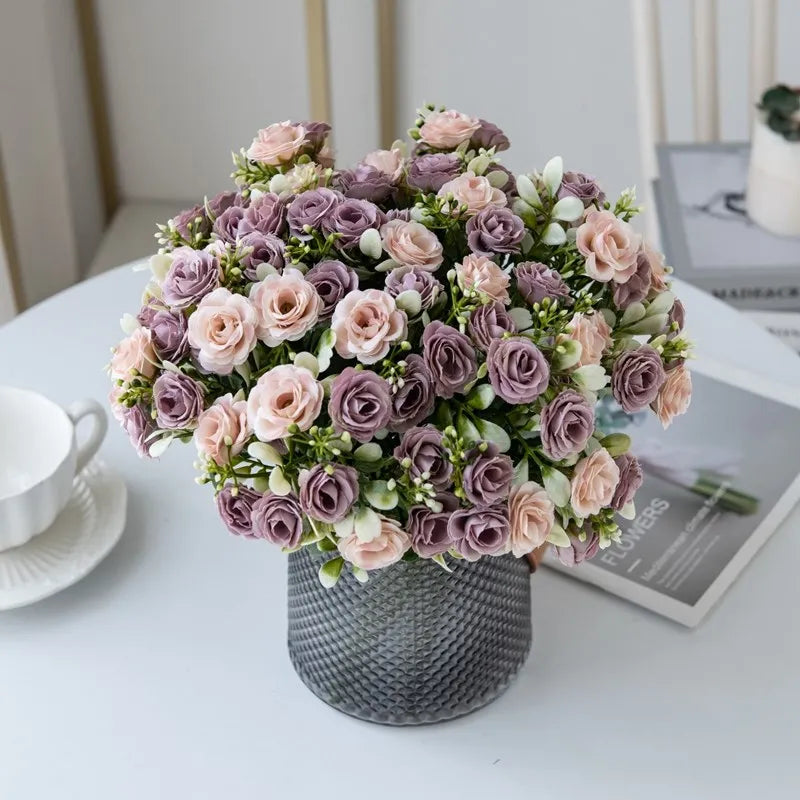 Rosa di seta per bouquet da sposa, fiore artificiale per la casa