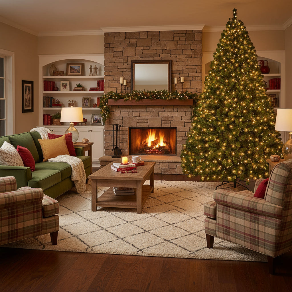 Lounge room 300cm Christmas tree with lights.