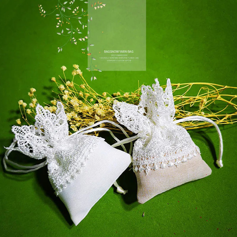 White Lace Embroidery Candy Gift Bag with Drawstring 10 pcs.