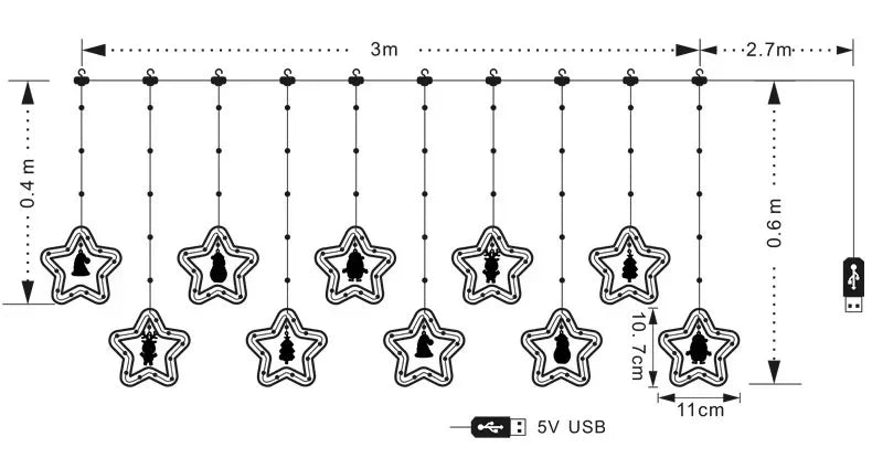 Cortina de luces navideñas con forma de estrella y Papá Noel.