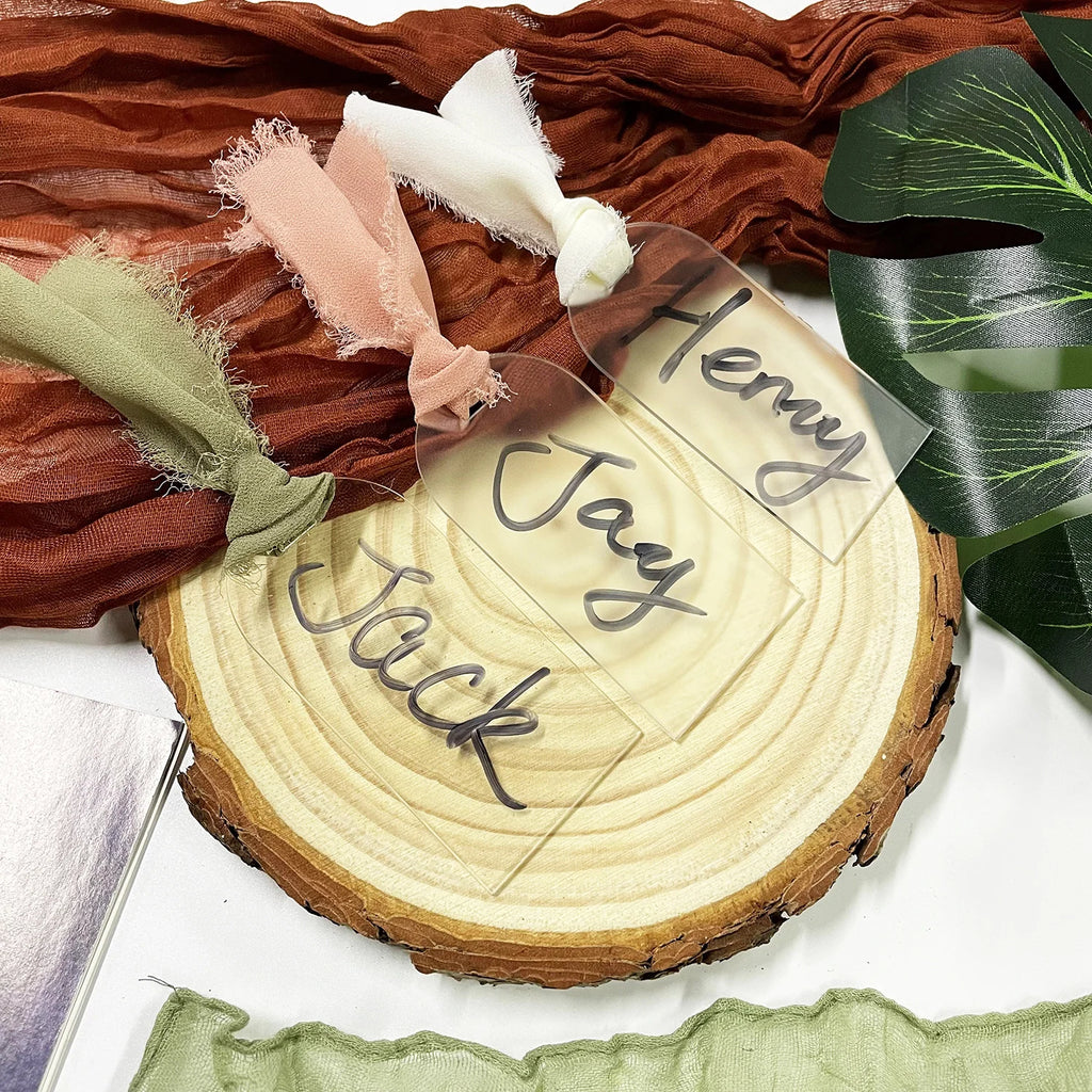 Tarjeta de lugar de boda de acrílico con arco de etiqueta de nombre de acrílico esmerilado, 10/20/50 piezas