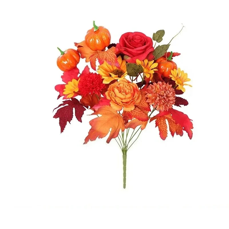 Ramo navideño de naranjas, girasoles artificiales y hojas de arce