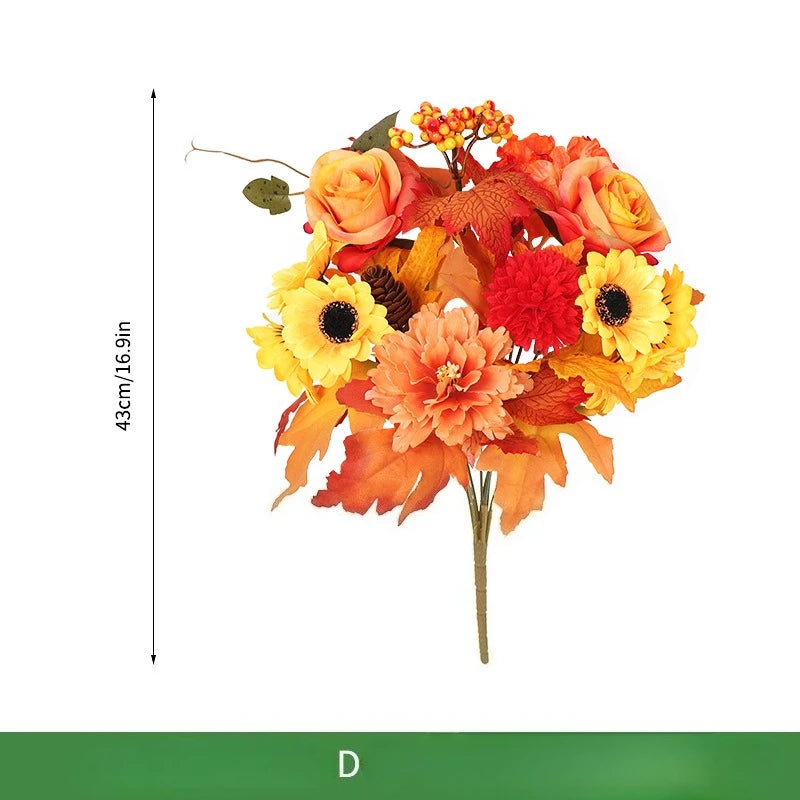 Ramo navideño de naranjas, girasoles artificiales y hojas de arce