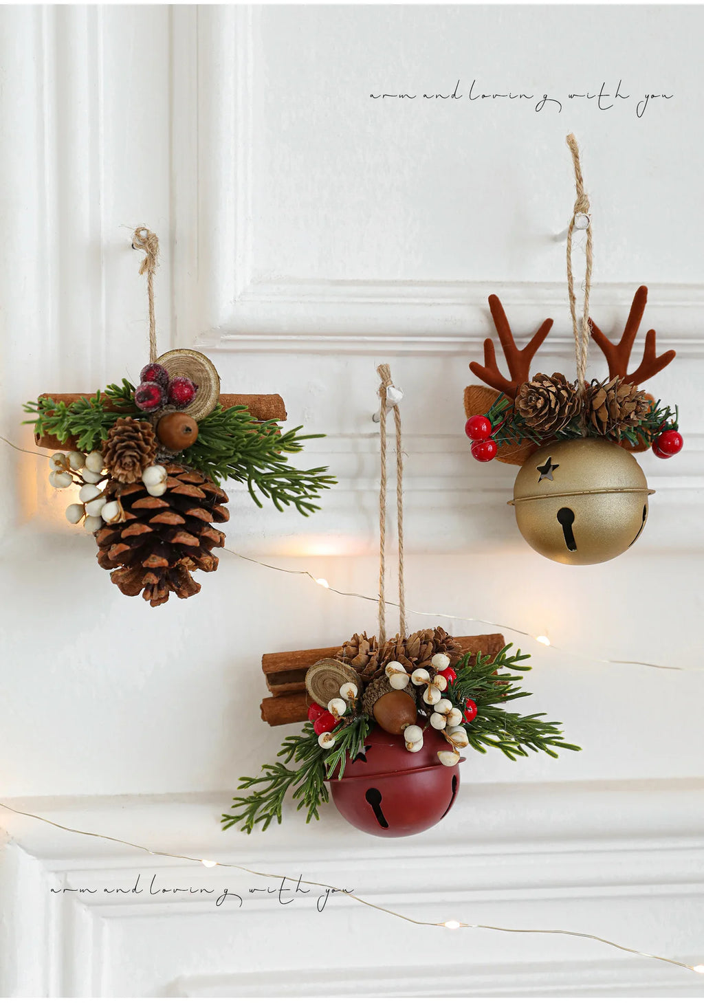 Christmas bells antlers bows pinecones Christmas tree.