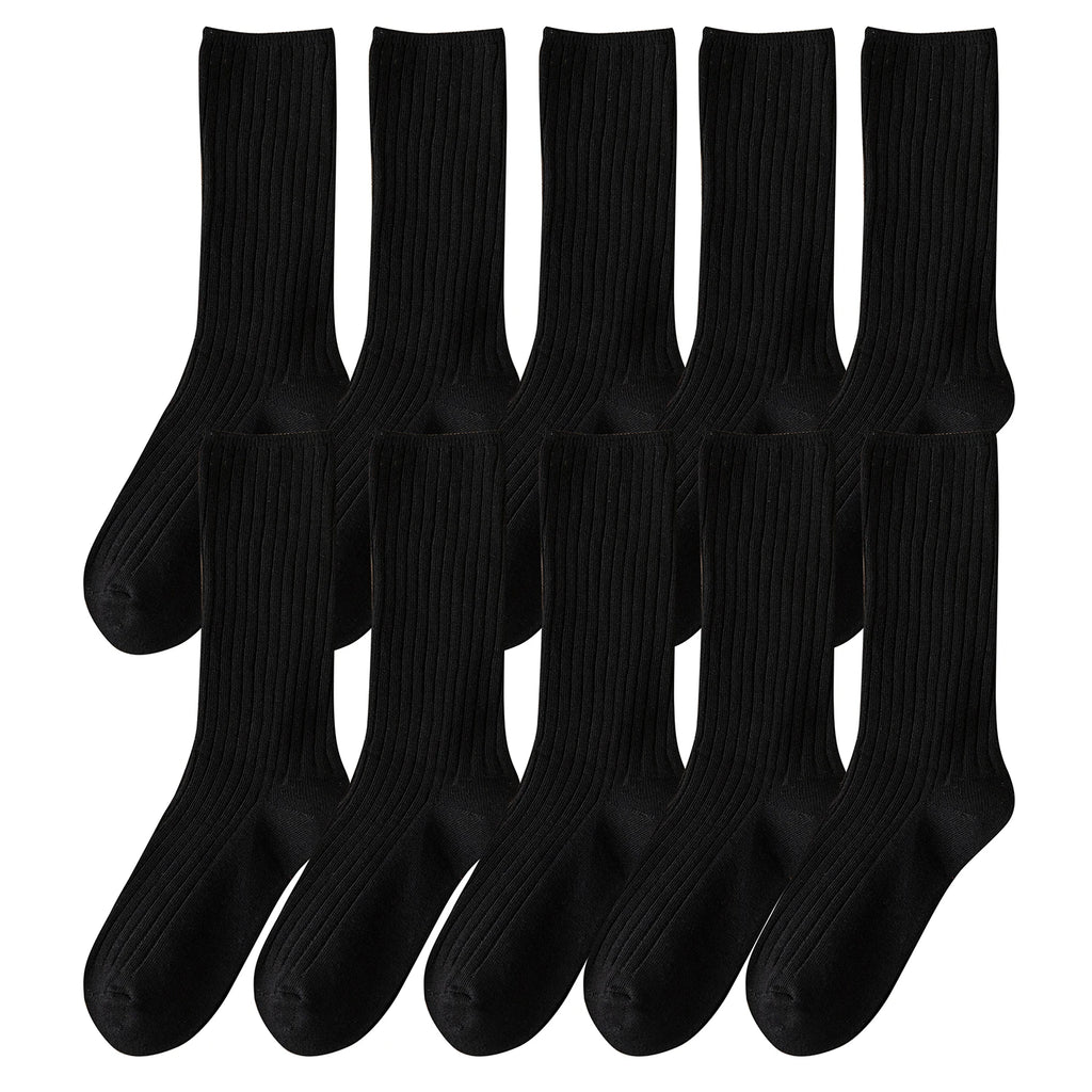 Women Cotton Loose Socks 10Pairs Retro Knitting Solid Color Long Black