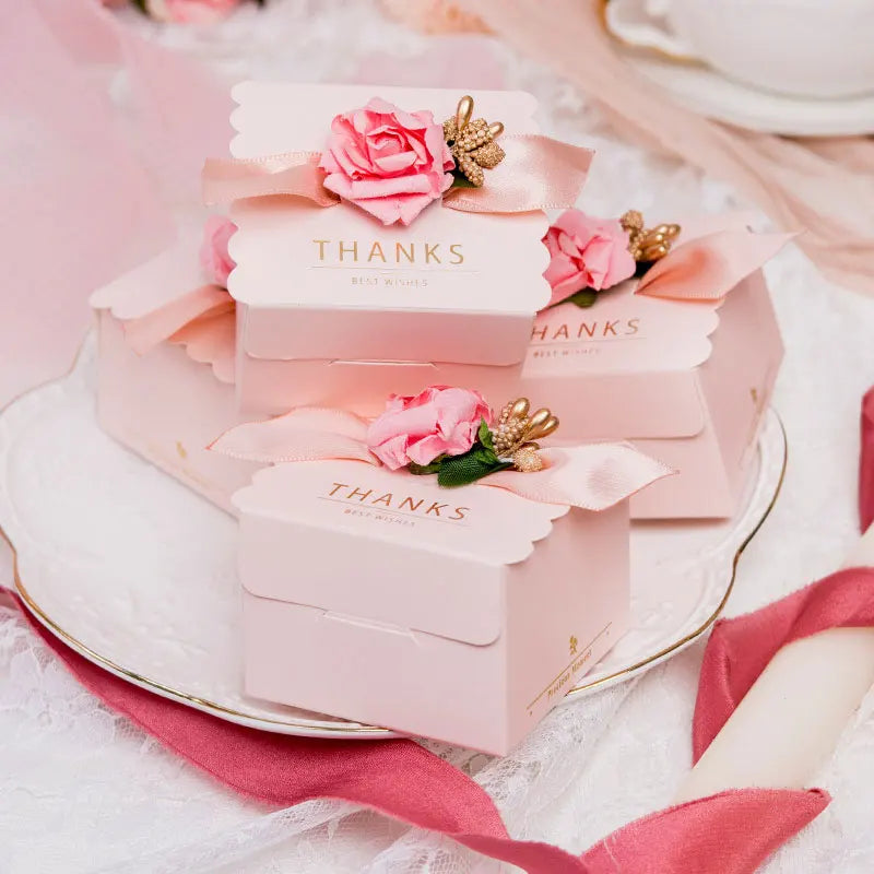 Flower Candy Box Square Rose Ribbon Paper Bag 5PCS.