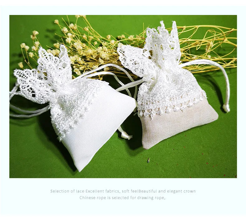 Bolsa de regalo para dulces con bordado de encaje blanco y cordón, 10 unidades.