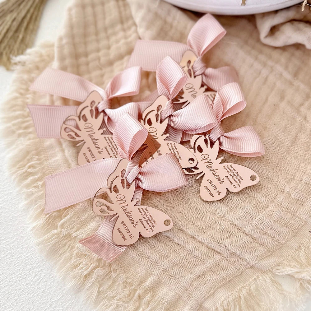 Etichette a specchio in acrilico, etichette personalizzate con bomboniere a forma di farfalla.