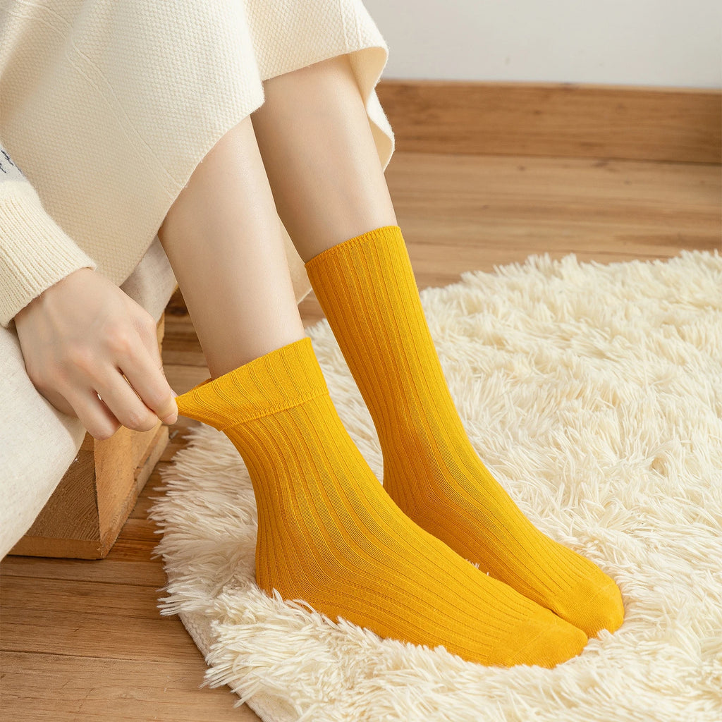 Women Cotton Loose Socks 10Pairs Retro Knitting Solid Color Long Black