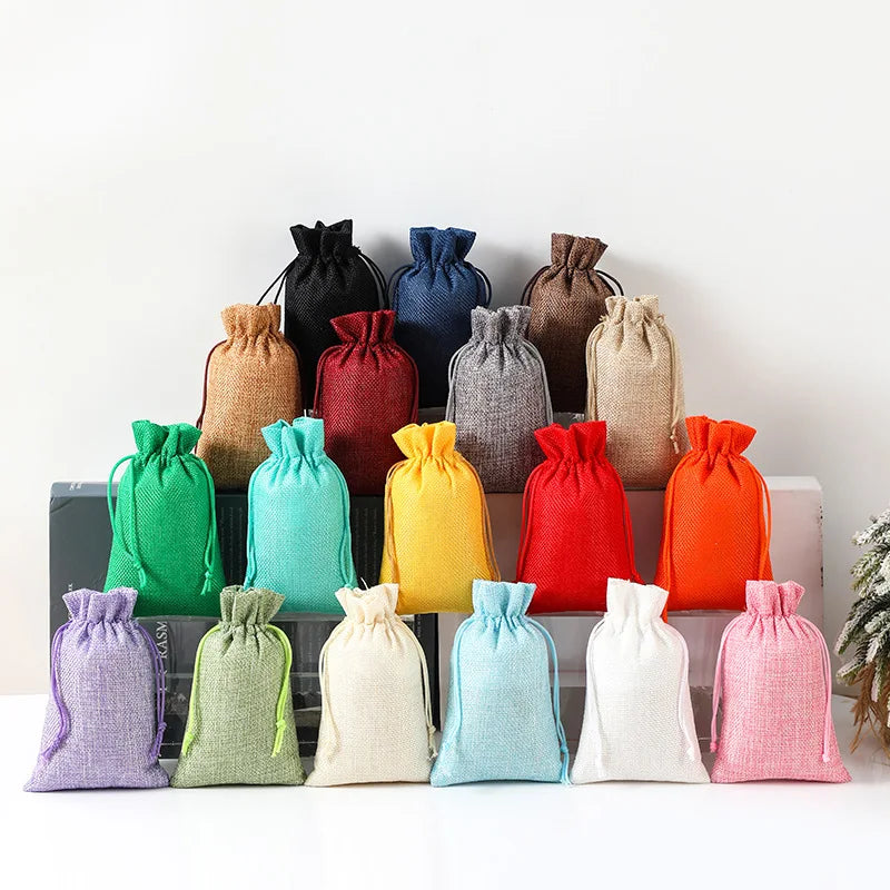 Multi Colors Jute Storage Bags Fabric Package Drawstring Pouches.