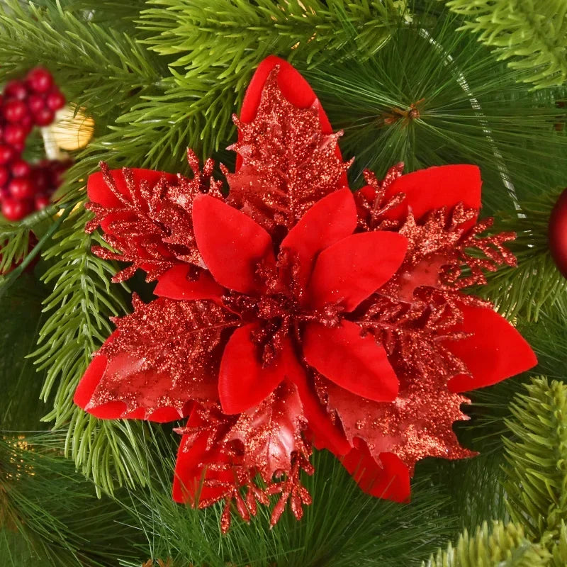Christmas Glitter Artificial Flowers Floral Silk Tree Hanging Ornaments
