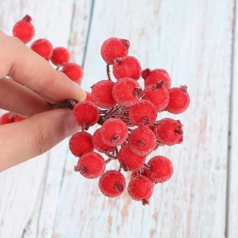 Mini bayas de acebo artificiales navideñas esmeriladas de doble cabeza