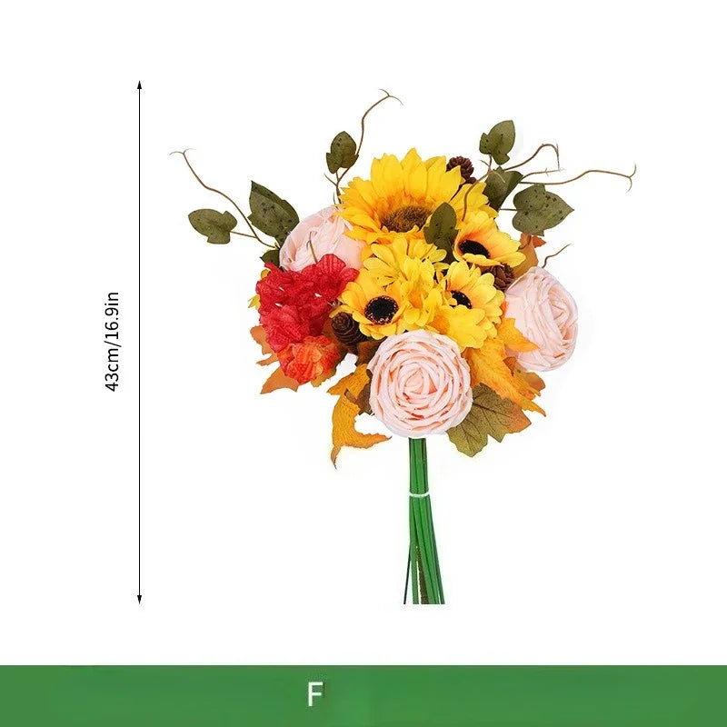 Ramo navideño de naranjas, girasoles artificiales y hojas de arce