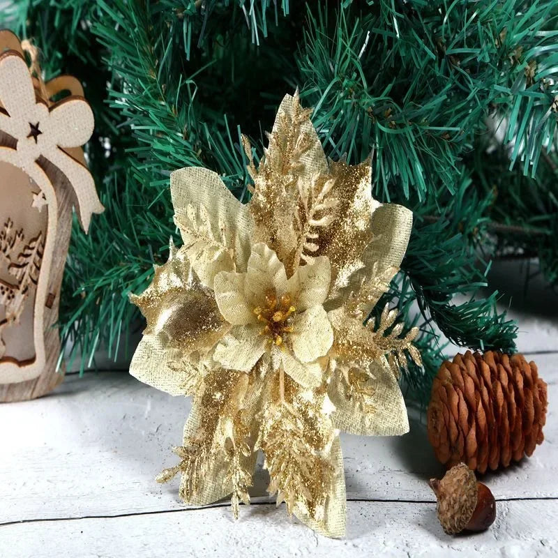 Christmas Glitter Artificial Flowers Floral Silk Tree Hanging Ornaments