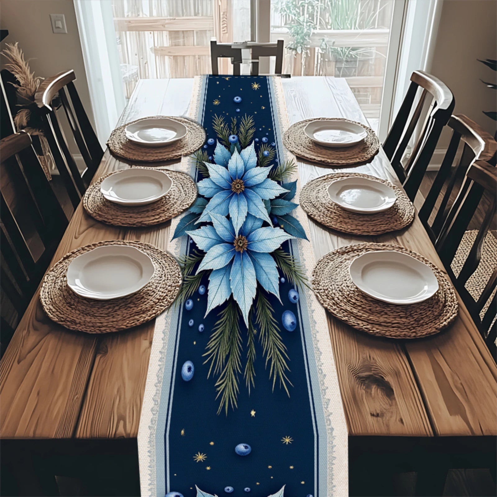 Runner da tavola natalizio, elegante decorazione da pranzo per le feste in blu navy con stella di Natale blu.