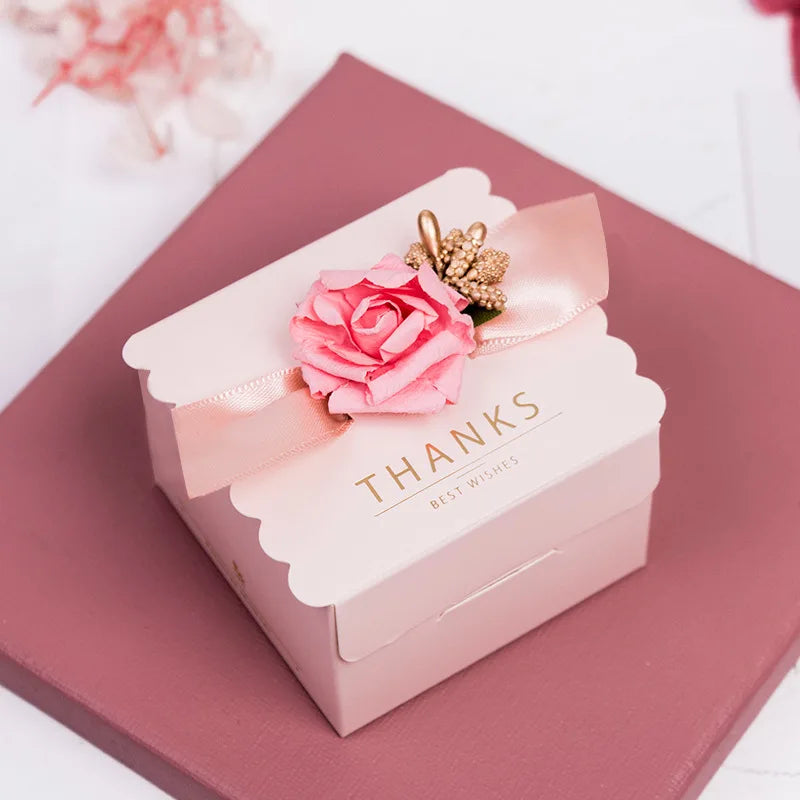 Caja de dulces de flores, bolsa de papel con cinta rosa cuadrada, 5 piezas.