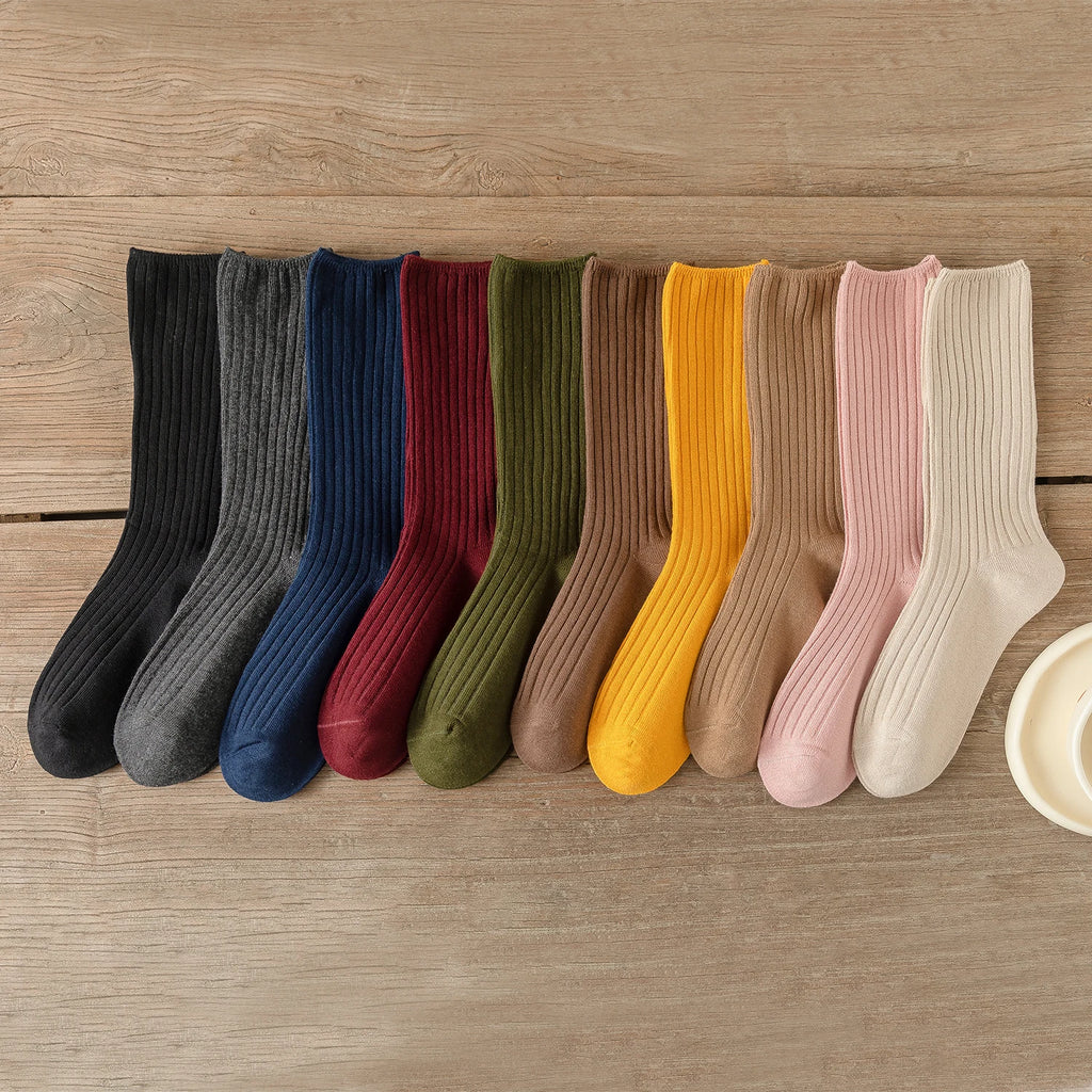 Women Cotton Loose Socks 10Pairs Retro Knitting Solid Color Long Black