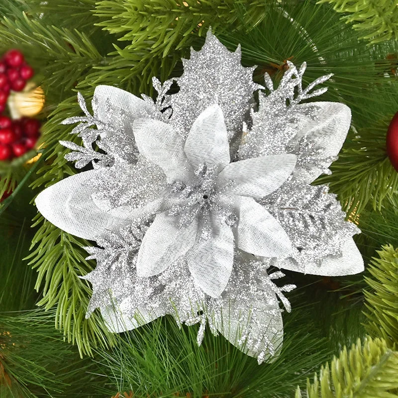 Flores artificiales navideñas con purpurina, 10 unidades/14 cm
