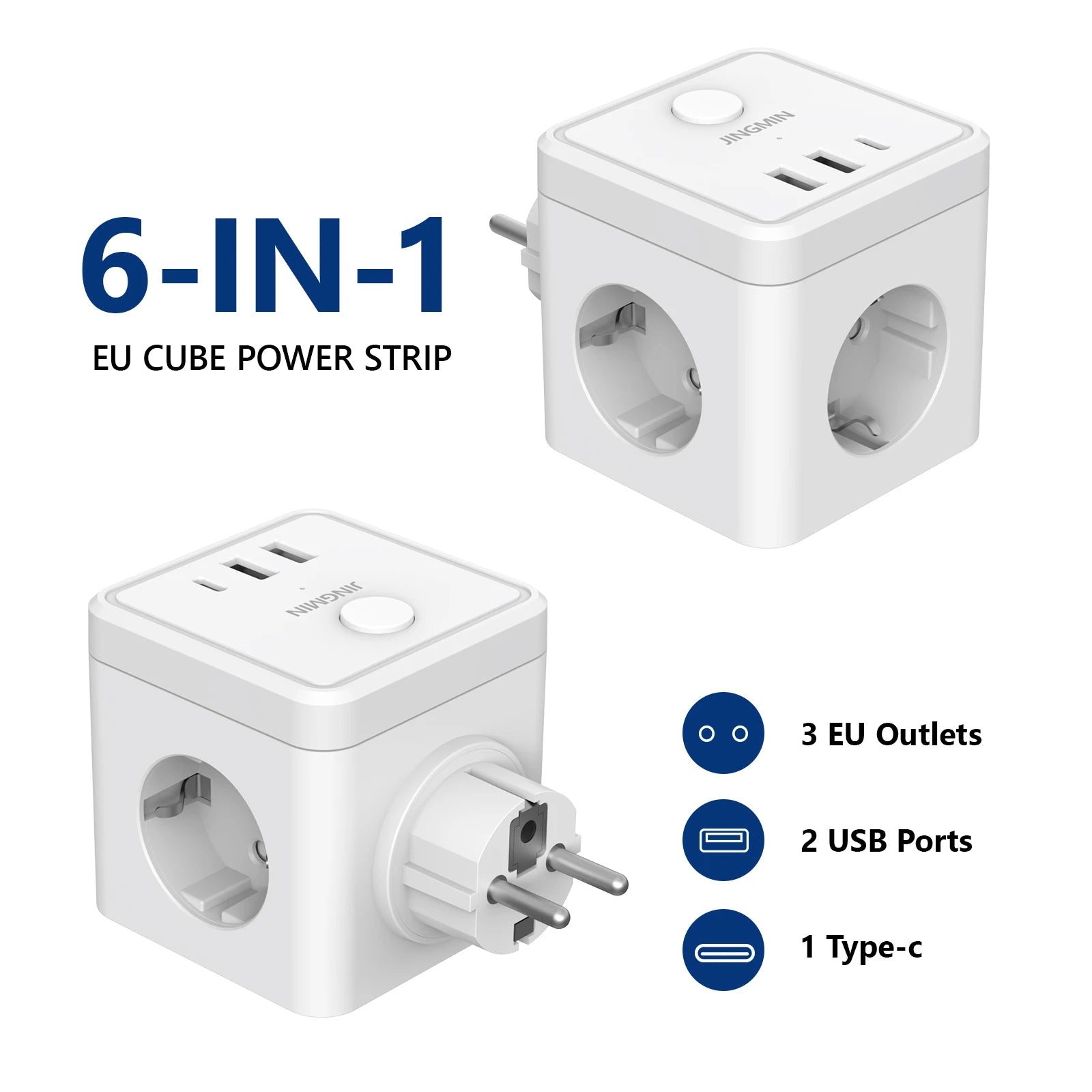 Prolunga per presa a muro con interruttore, 3 prese, 2 porte USB A e 1 porta di tipo C, cubo portatile