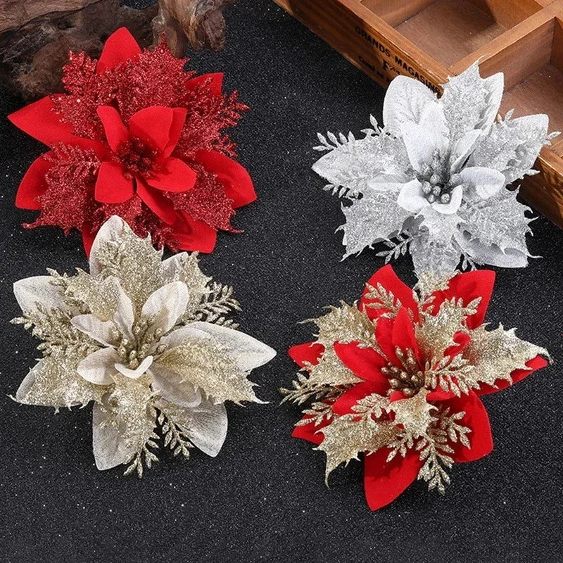 Flores artificiales navideñas con purpurina, 10 unidades/14 cm