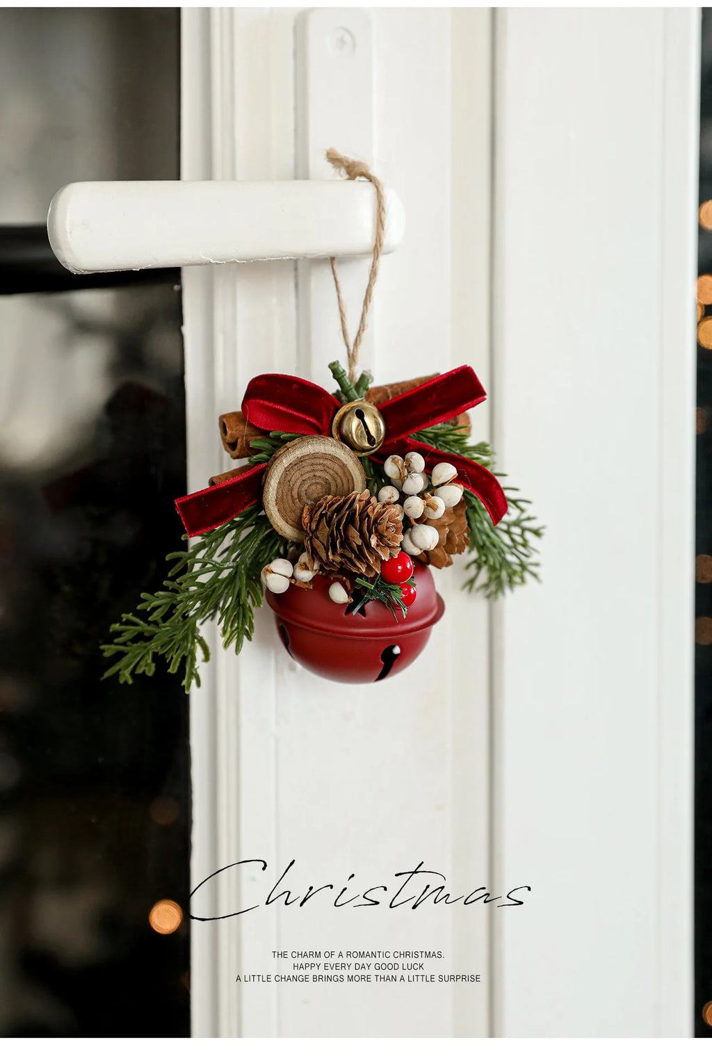 Christmas bells antlers bows pinecones Christmas tree.
