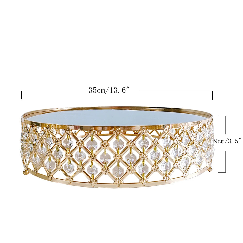 Alzata per torta in metallo con specchio di cristallo dorato, piatto rotondo