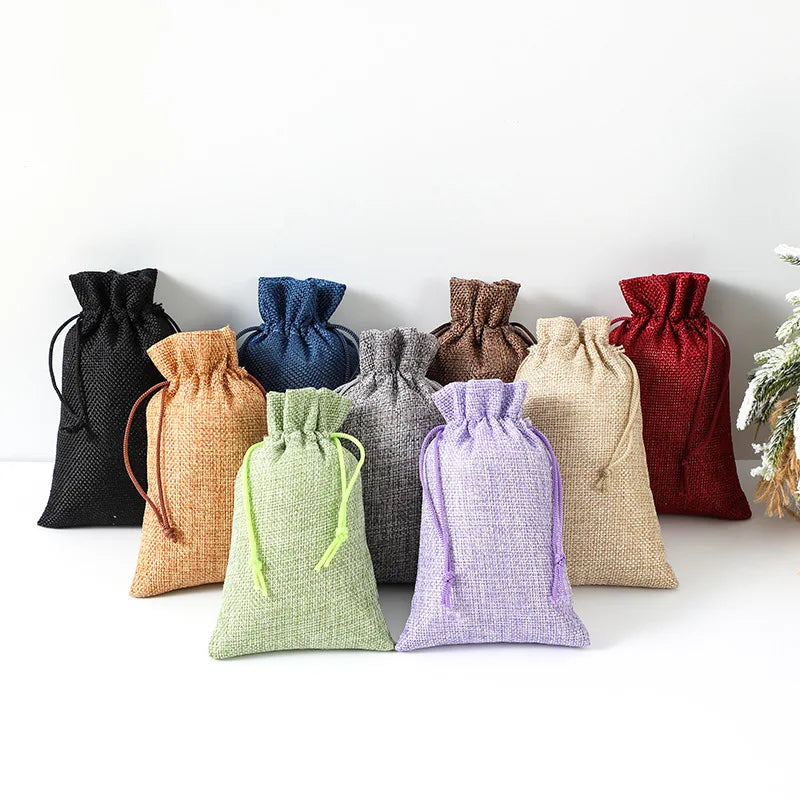 Multi Colors Jute Storage Bags Fabric Package Drawstring Pouches.