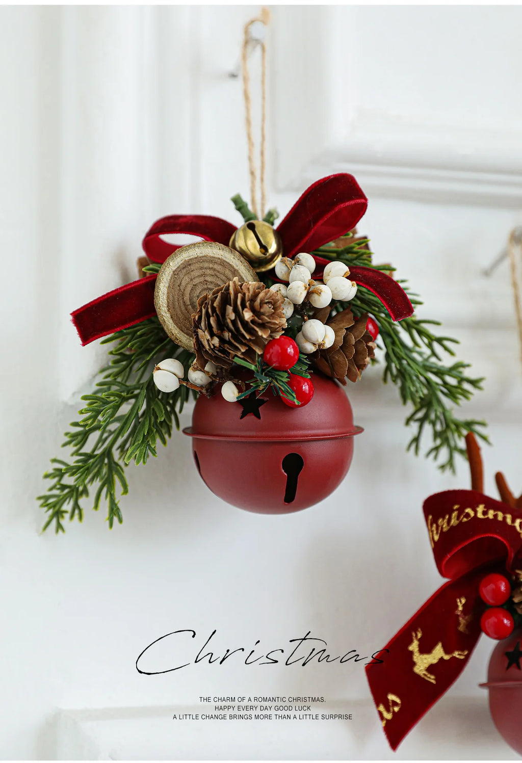 Christmas bells antlers bows pinecones Christmas tree.