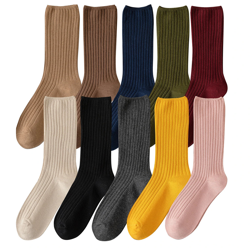 Women Cotton Loose Socks 10Pairs Retro Knitting Solid Color Long Black