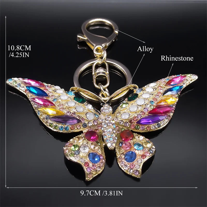 Portachiavi con ciondolo a farfalla in strass colorati color oro