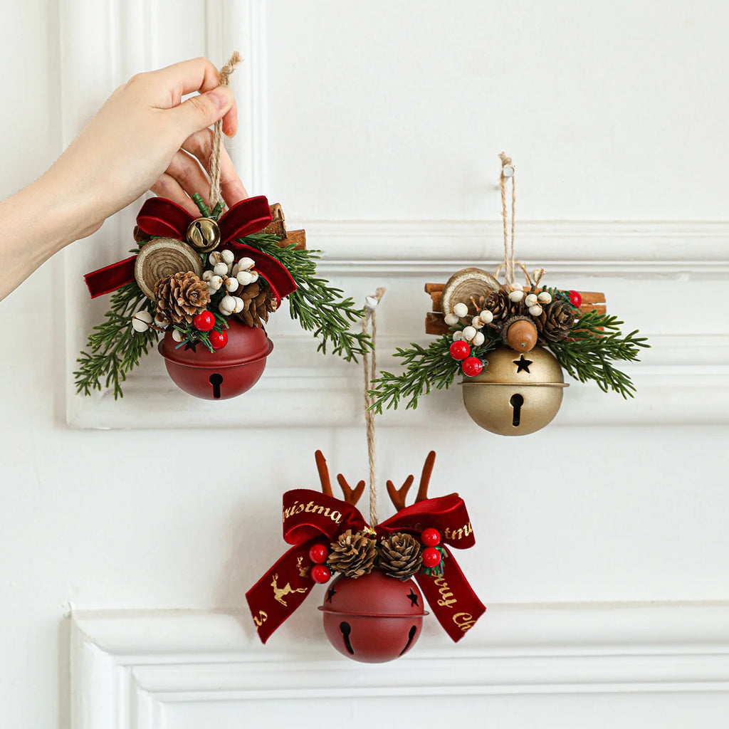 Christmas bells antlers bows pinecones Christmas tree.