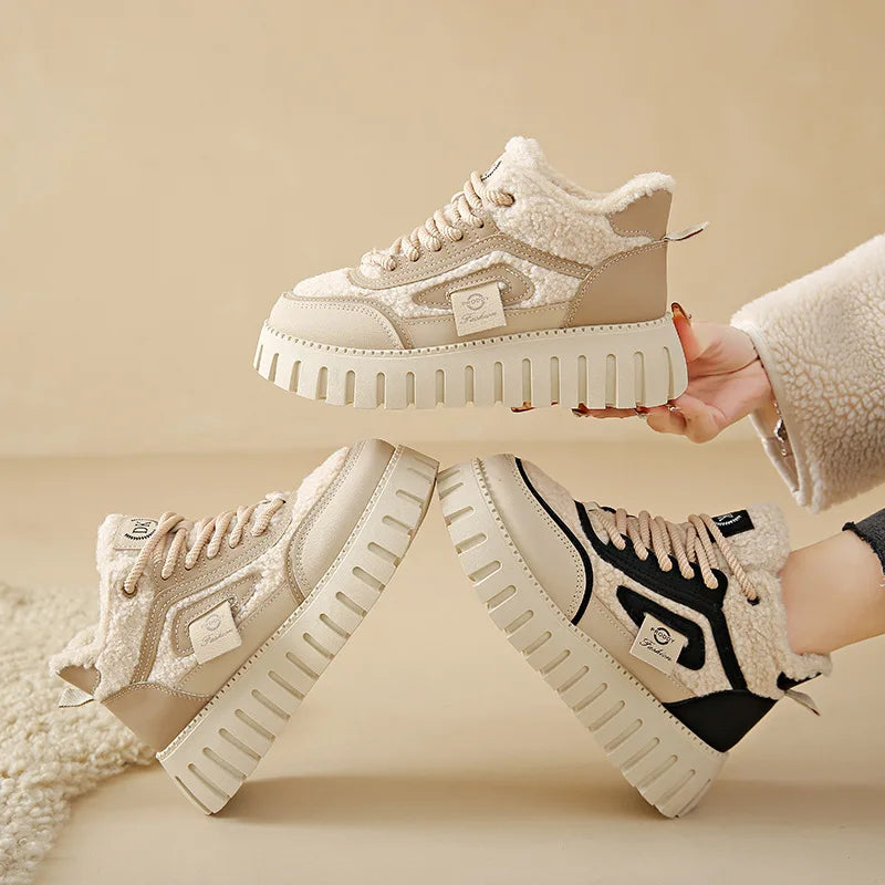 Nuove scarpe invernali calde in cotone da donna con suola spessa in pelliccia di peluche