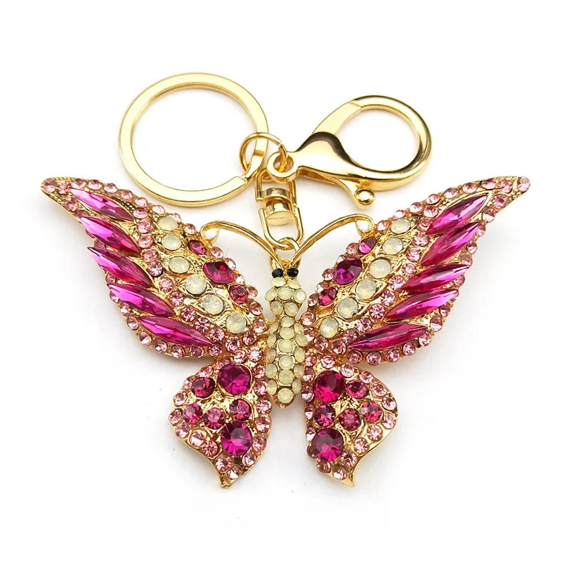 Portachiavi con ciondolo a farfalla in strass colorati color oro