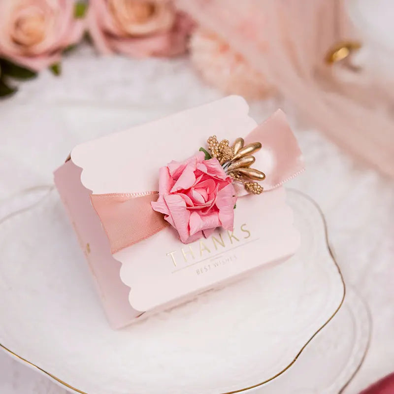 Caja de dulces de flores, bolsa de papel con cinta rosa cuadrada, 5 piezas.