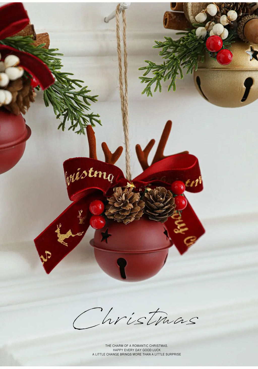 Christmas bells antlers bows pinecones Christmas tree.