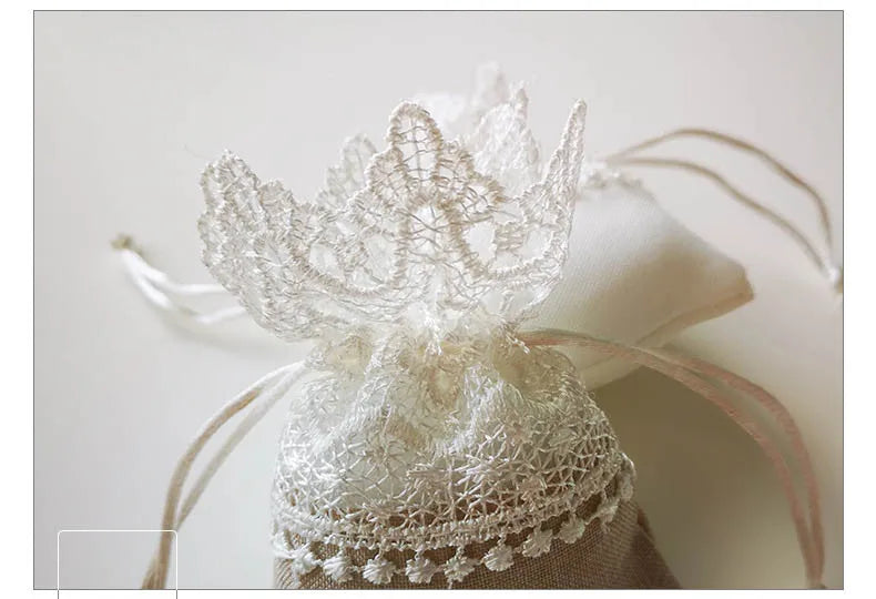White Lace Embroidery Candy Gift Bag with Drawstring 10 pcs.