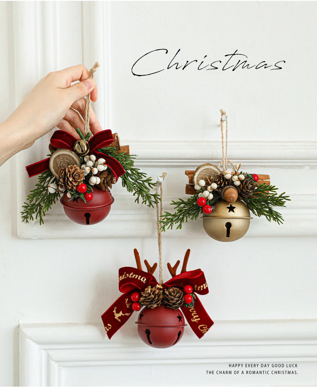 Christmas bells antlers bows pinecones Christmas tree.