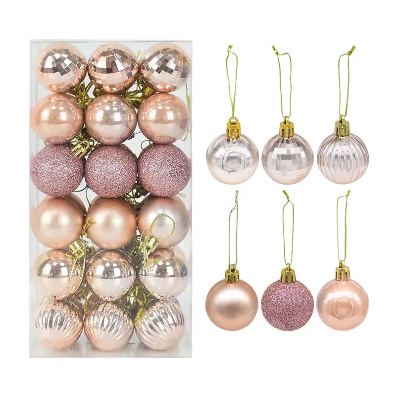 Adorno de bolas navideñas de plástico en caja, en colores rosa y dorado surtidos.