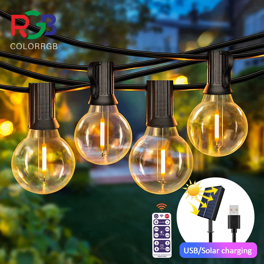Luces navideñas para patio al aire libre, alimentadas por energía solar y USB, resistentes al agua.