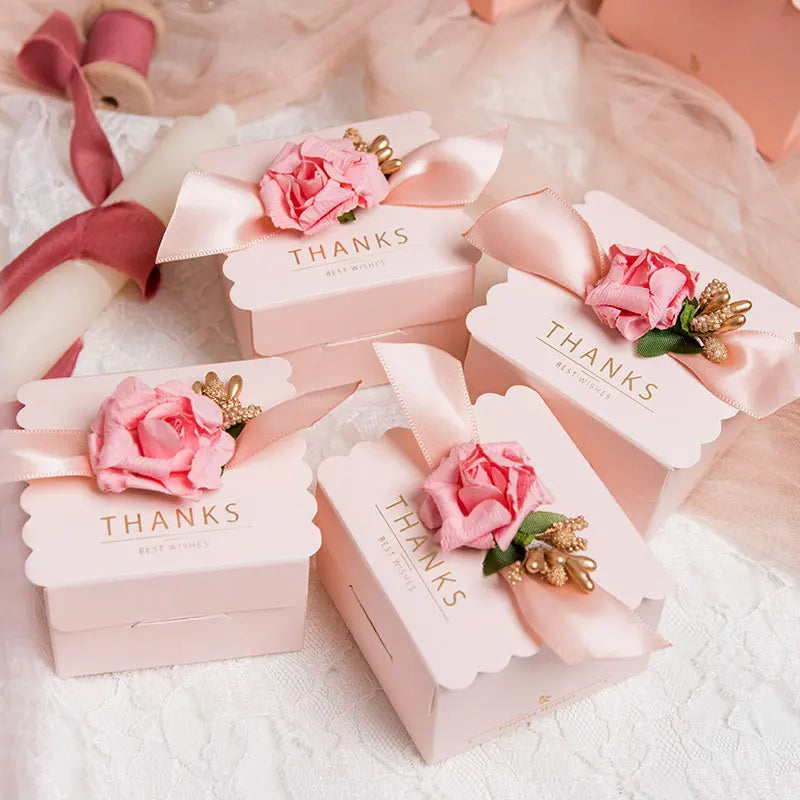 Flower Candy Box Square Rose Ribbon Paper Bag 5PCS.