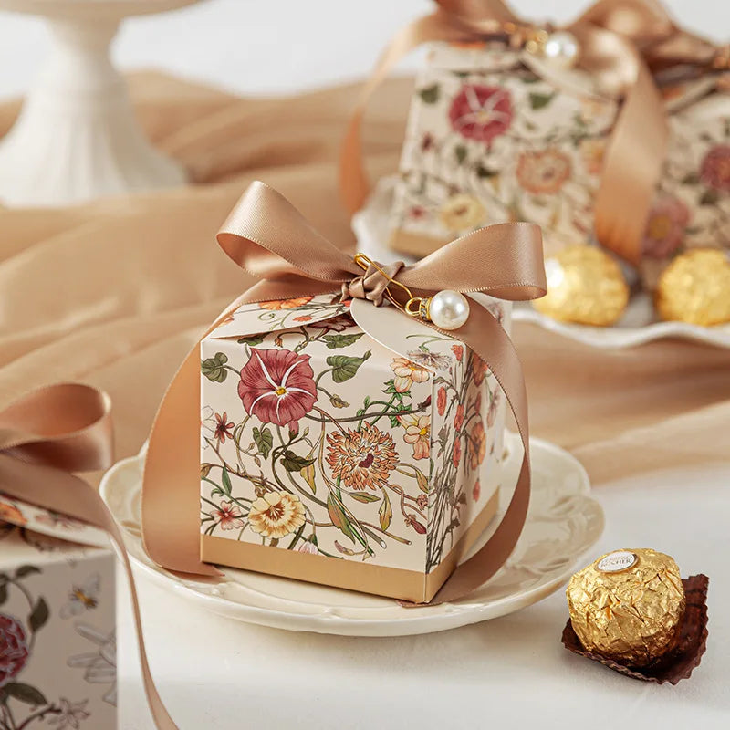 New Mori Series Hand-painted Plant With Ribbon Wedding  Box 20/50pcs