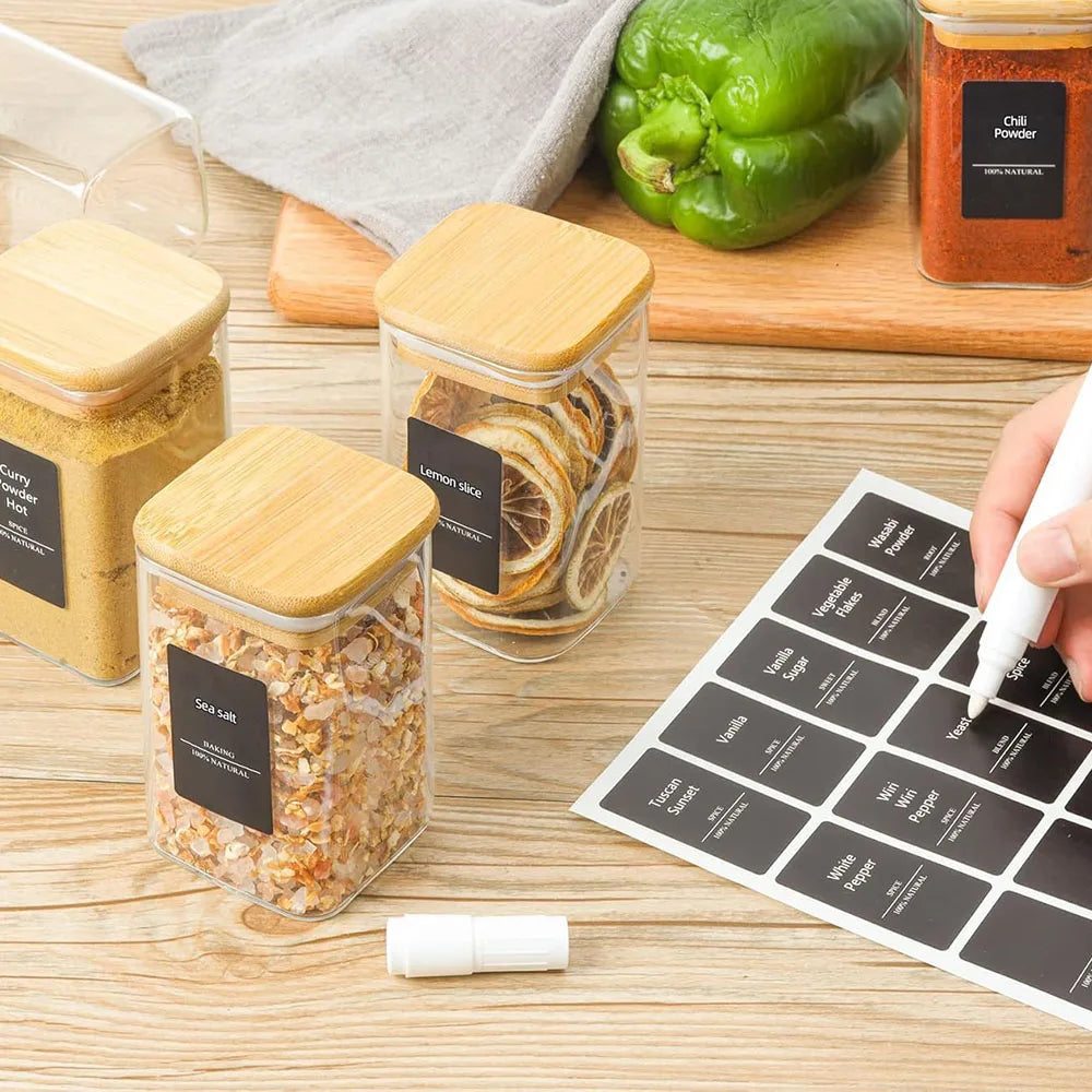 Glass Spice Jars with Bamboo Lid, 8 oz Airtight Square Containers.