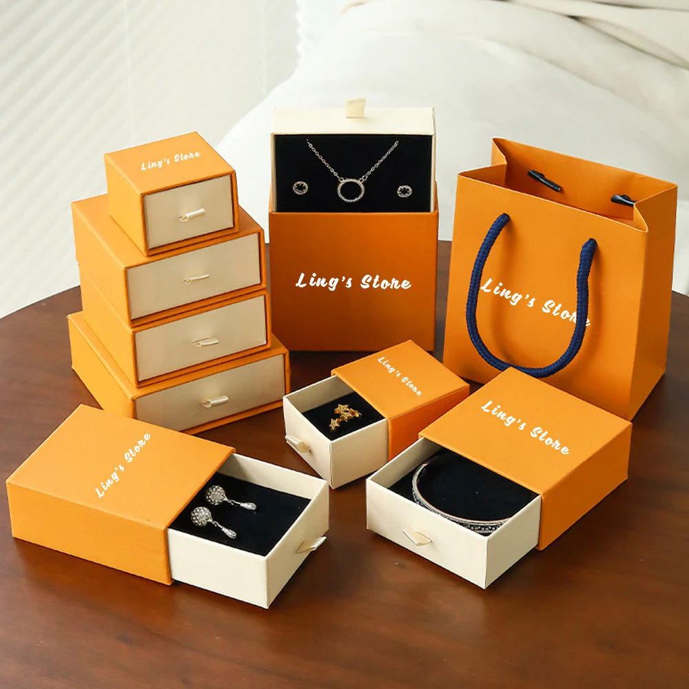 Scatola regalo con cassetto portagioie arancione e beige con logo personalizzato, 24/50/100 pezzi