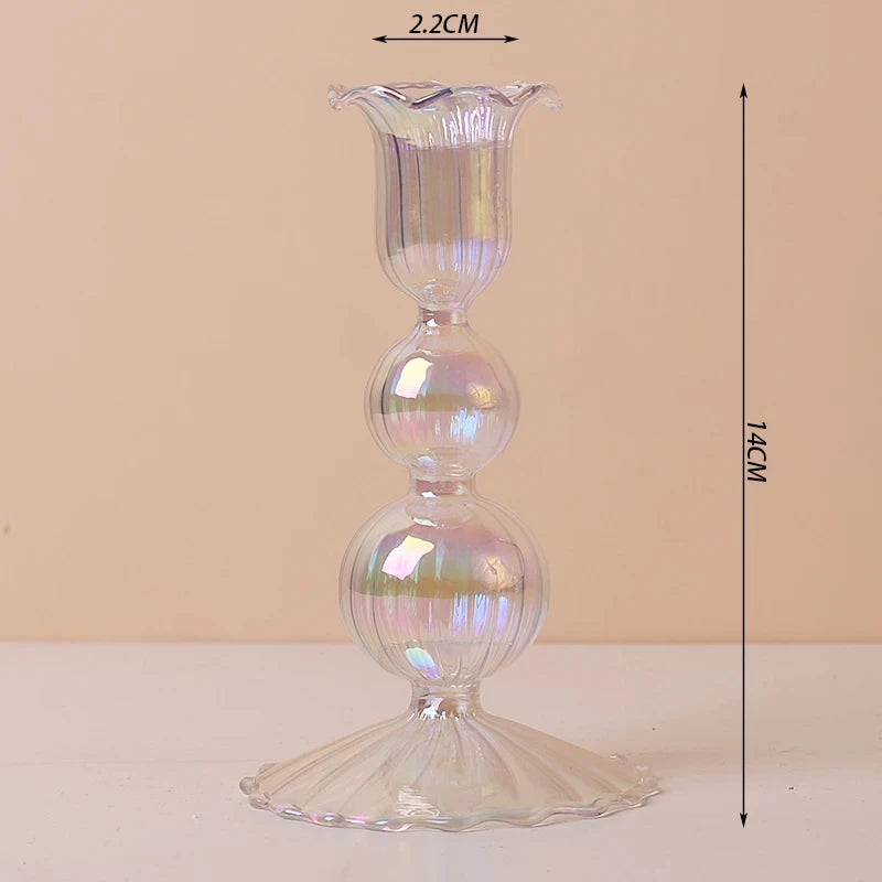 Navy Glass Candle Holder Stripe Flower Glass