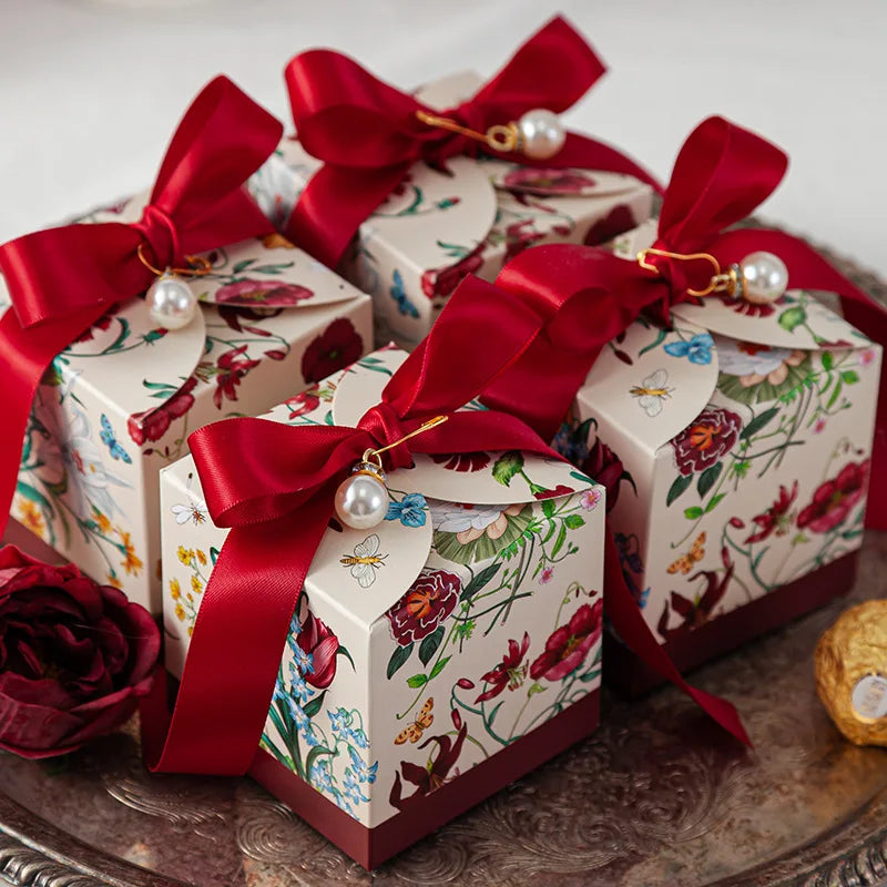 New Mori Series Hand-painted Plant With Ribbon Wedding  Box 20/50pcs