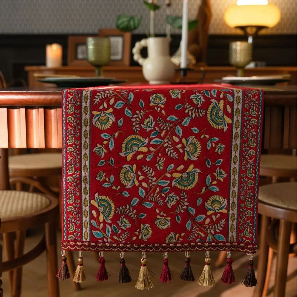 Plant Flower Table Runner with Tassels Jacquard Living Room