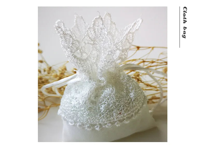 Bolsa de regalo para dulces con bordado de encaje blanco y cordón, 10 unidades.